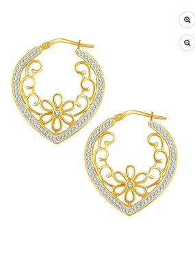14K Gold Plated Heart Earrings Crystal Filigree